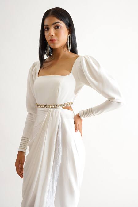 Shop_Keoo_White Cotton Satin Rhinestones, Fringe Square Neck Malta Draped Dress_Online_at_Aza_Fashions