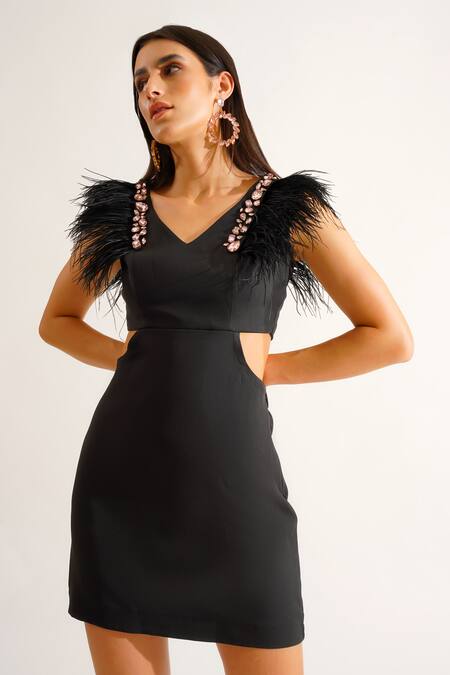 Buy_Keoo_Black Crepe Crystals, Feathers V-neck Sapphire Cut Out Dress