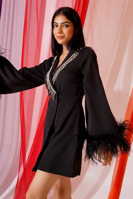 Keoo_Black Crepe Rhinestones, Feathers Collared Sasha Blazer Dress_Online_at_Aza_Fashions