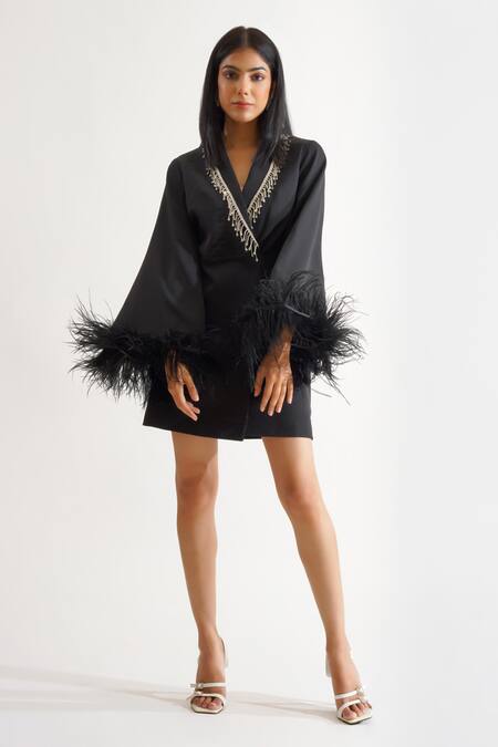Keoo_Black Crepe Rhinestones, Feathers Collared Sasha Blazer Dress_at_Aza_Fashions