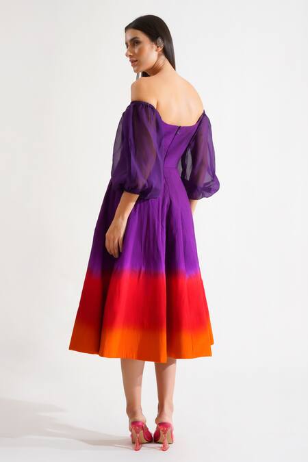 Shop Keoo Purple Silk Rhinestones Off-shoulder Scarlet Ombre Flared Dress at Aza Fashions Shop_Keoo_Purple Silk Rhinestones Off-shoulder Scarlet Ombre Flared Dress_at_Aza_Fashions