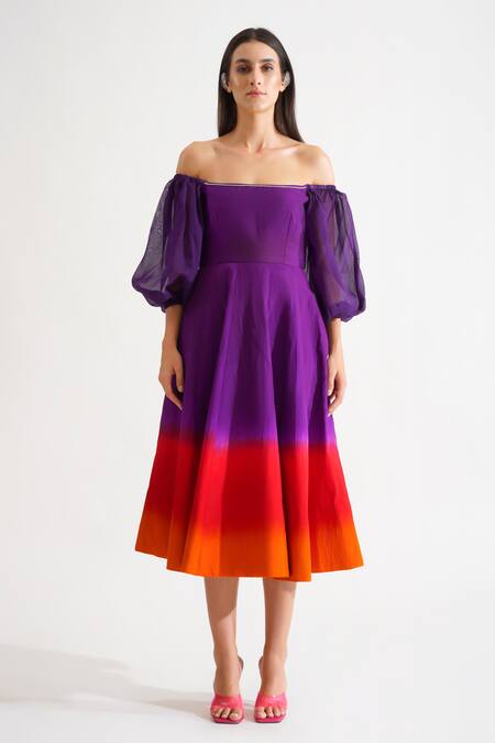 Keoo Purple Silk Rhinestones Off-shoulder Scarlet Ombre Flared Dress Online at Aza Fashions Keoo_Purple Silk Rhinestones Off-shoulder Scarlet Ombre Flared Dress_Online_at_Aza_Fashions