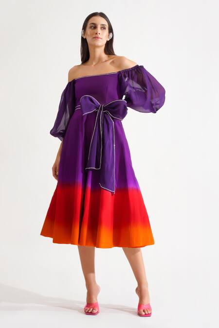 Buy Keoo Purple Silk Rhinestones Off-shoulder Scarlet Ombre Flared Dress Online at Aza Fashions Buy_Keoo_Purple Silk Rhinestones Off-shoulder Scarlet Ombre Flared Dress_Online_at_Aza_Fashions