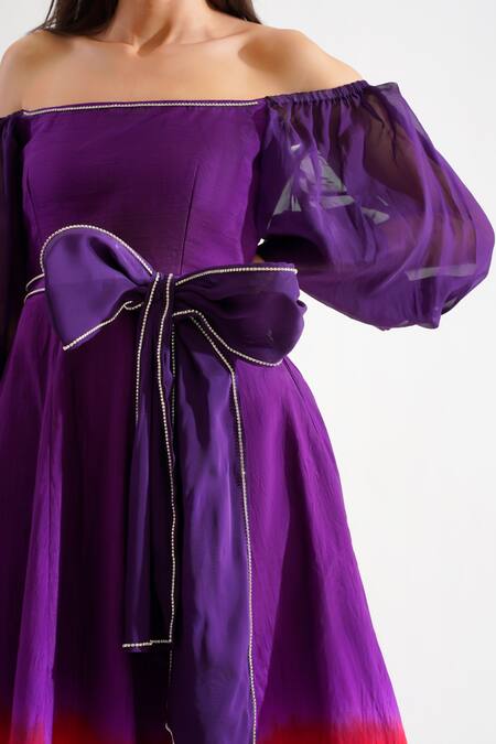Shop Keoo Purple Silk Rhinestones Off-shoulder Scarlet Ombre Flared Dress Online at Aza Fashions Shop_Keoo_Purple Silk Rhinestones Off-shoulder Scarlet Ombre Flared Dress_Online_at_Aza_Fashions