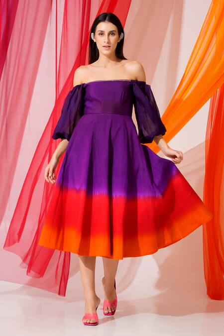 Keoo Purple Silk Rhinestones Off-shoulder Scarlet Ombre Flared Dress at Aza Fashions Keoo_Purple Silk Rhinestones Off-shoulder Scarlet Ombre Flared Dress_at_Aza_Fashions