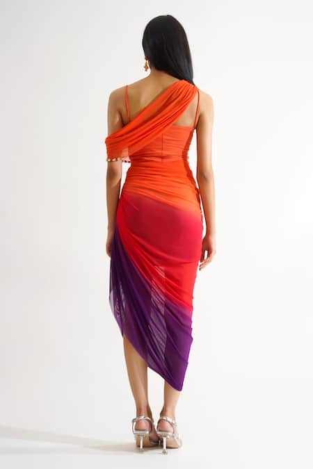 Shop_KEOO_Multi Color Net, Lycra Crystals Asymmetric Ombre Embroidered Midi Dress _at_Aza_Fashions