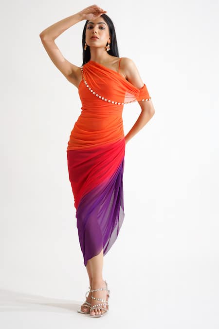 KEOO_Multi Color Net, Lycra Crystals Asymmetric Ombre Embroidered Midi Dress _Online_at_Aza_Fashions
