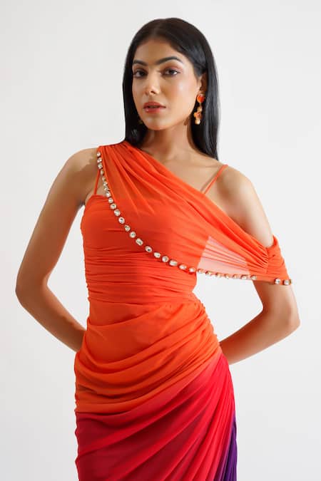 Shop_KEOO_Multi Color Net, Lycra Crystals Asymmetric Ombre Embroidered Midi Dress _Online_at_Aza_Fashions