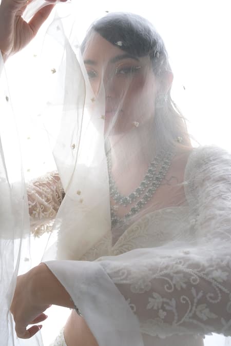 Buy_Damoiselle_Ivory Net, Georgette Sequins, Beads, Embroidery Sweetheart Neck Lehenga Set _Online_at_Aza_Fashions