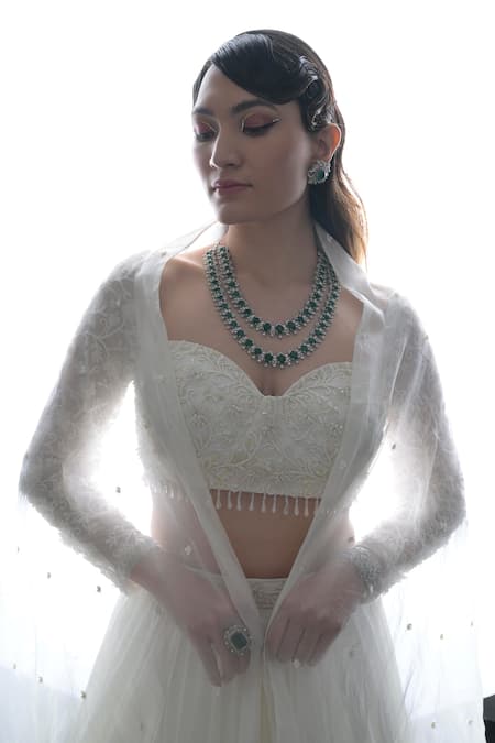 Shop_Damoiselle_Ivory Net, Georgette Sequins, Beads, Embroidery Sweetheart Neck Lehenga Set _Online_at_Aza_Fashions