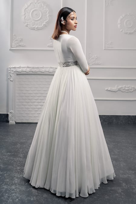 Damoiselle Ivory Net, Georgette Embroidery, Beads, Sequins Plunge Anarkali Set With Dupatta Online at Aza Fashions Damoiselle_Ivory Net, Georgette Embroidery, Beads, Sequins Plunge Anarkali Set With Dupatta _Online_at_Aza_Fashions