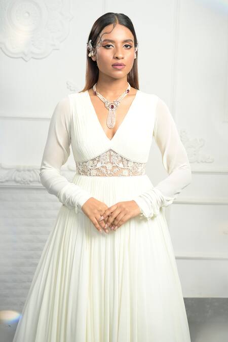 Shop_Damoiselle_Ivory Net, Georgette Embroidery, Beads, Sequins Plunge Anarkali Set With Dupatta _Online_at_Aza_Fashions