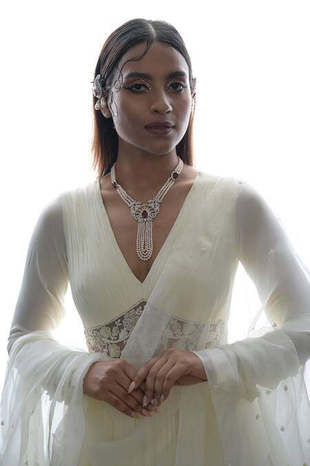 Damoiselle_Ivory Net, Georgette Embroidery, Beads, Sequins Plunge Anarkali Set With Dupatta _at_Aza_Fashions
