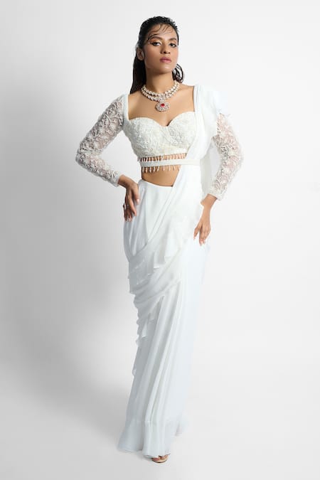 Damoiselle Ivory Georgette Embroidered Sequin Sweetheart Iconic Pre-draped Ruffle Saree Set 