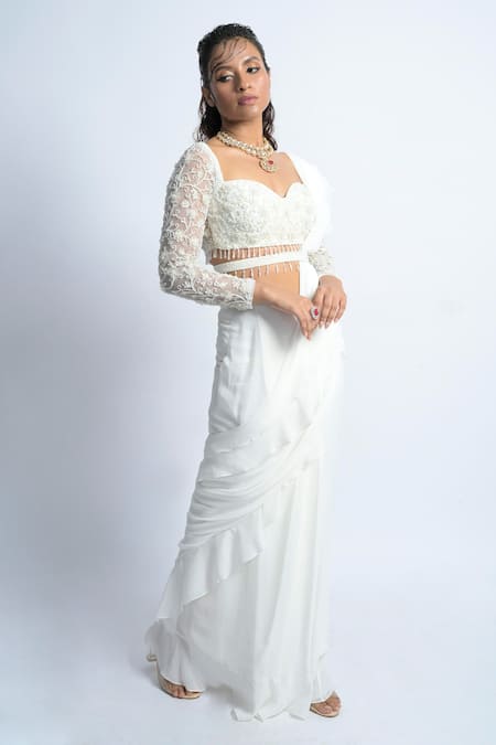 Damoiselle Embroidered Ivory Pre-Draped Ruffle Saree Set 