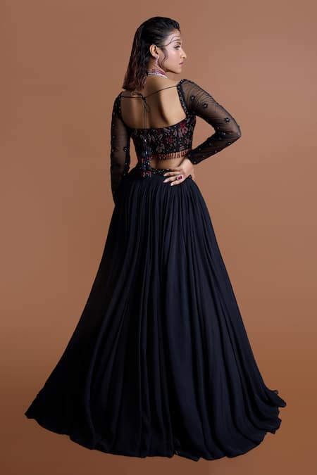 Shop_Damoiselle_Black Net, Georgette Sequins, Beads Embroidered Lehenga Set _at_Aza_Fashions