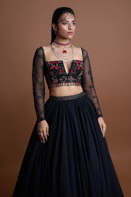 Damoiselle_Black Net, Georgette Sequins, Beads Embroidered Lehenga Set _Online_at_Aza_Fashions