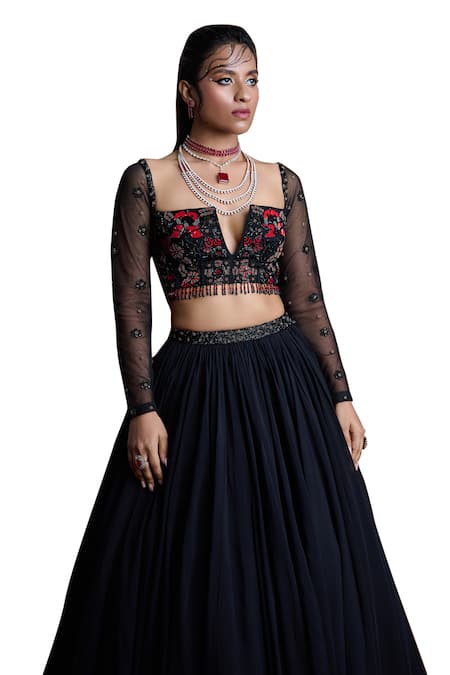 Buy_Damoiselle_Black Net, Georgette Sequins, Beads Embroidered Lehenga Set _Online_at_Aza_Fashions