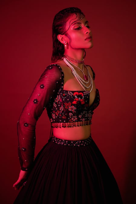 Shop_Damoiselle_Black Net, Georgette Sequins, Beads Embroidered Lehenga Set _Online_at_Aza_Fashions