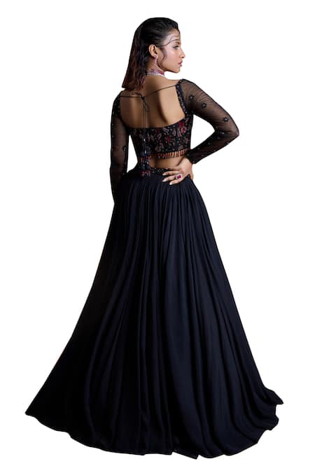 Damoiselle_Black Net, Georgette Sequins, Beads Embroidered Lehenga Set _at_Aza_Fashions