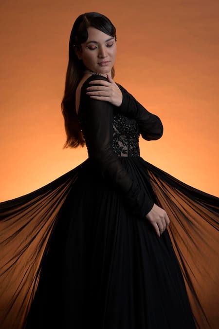 Damoiselle Floral Embroidered Black Anarkali Set 