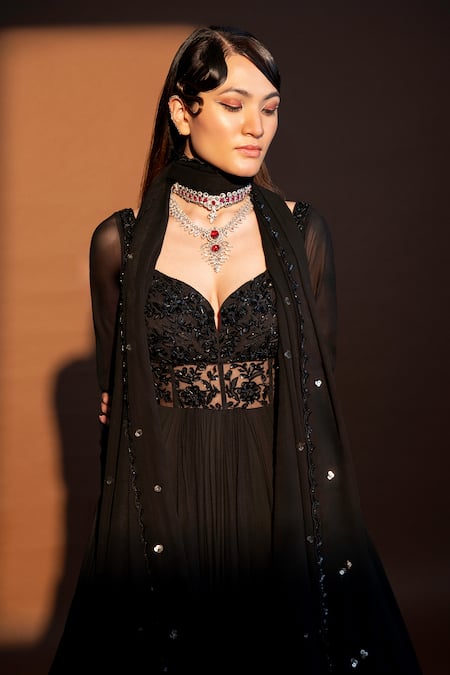 Damoiselle_Black Net, Georgette, Silk Sequins, Beads Floral Embroidered Anarkali Set _Online_at_Aza_Fashions