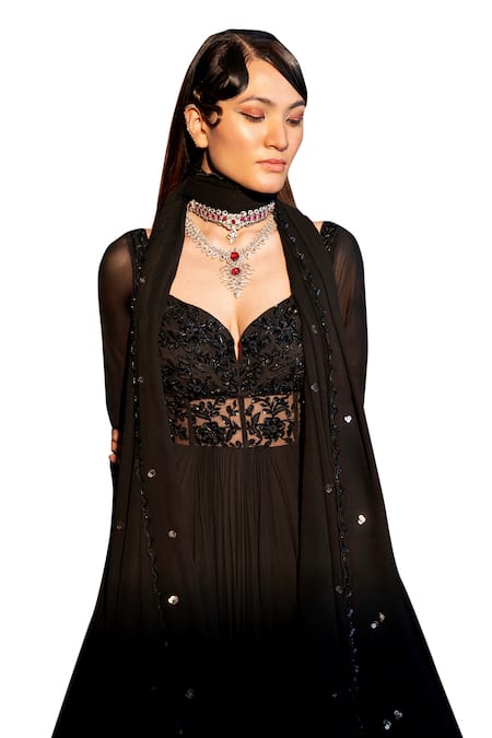 Buy_Damoiselle_Black Net, Georgette, Silk Sequins, Beads Floral Embroidered Anarkali Set _Online_at_Aza_Fashions