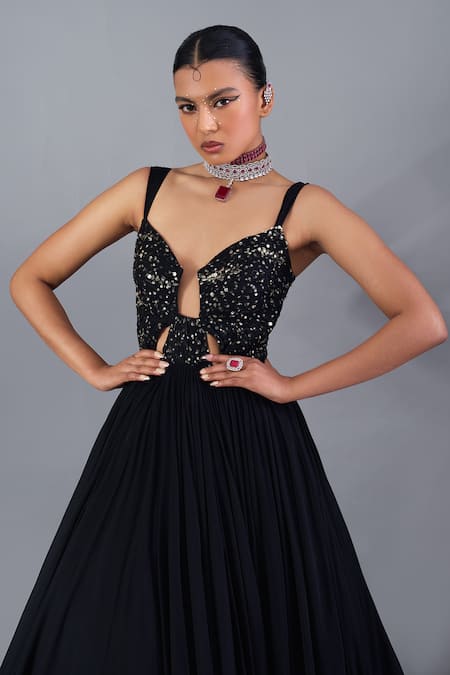 Damoiselle_Black Net, Georgette Sequins, Beads Cutwork Embroidered Anarkali Set _Online_at_Aza_Fashions