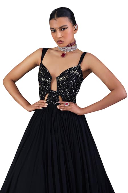 Buy_Damoiselle_Black Net, Georgette Sequins, Beads Cutwork Embroidered Anarkali Set _Online_at_Aza_Fashions