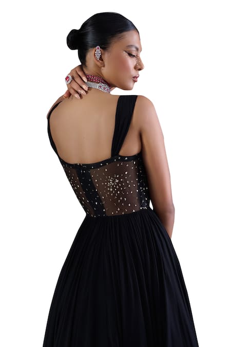 Shop_Damoiselle_Black Net, Georgette Sequins, Beads Cutwork Embroidered Anarkali Set _Online_at_Aza_Fashions