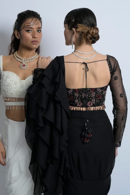 Damoiselle Black Embroidered Pre-Draped Ruffle Saree Set 