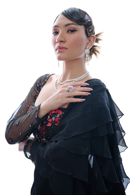 Buy_Damoiselle_Black Georgette, Cotton, Lycra, Silk Embroidered Pre-draped Ruffle Saree Set _Online_at_Aza_Fashions