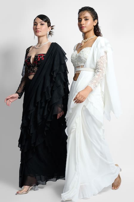 Shop_Damoiselle_Black Georgette, Cotton, Lycra, Silk Embroidered Pre-draped Ruffle Saree Set _Online_at_Aza_Fashions