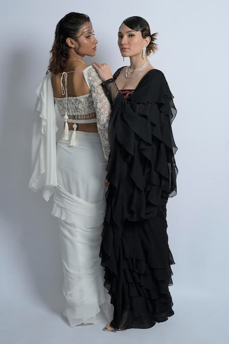 Damoiselle_Black Georgette, Cotton, Lycra, Silk Embroidered Pre-draped Ruffle Saree Set _at_Aza_Fashions