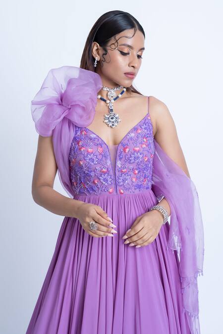 Damoiselle_Purple Net, Georgette, Organza Sequins, Embroidered Anarkali Set With Dupatta _Online_at_Aza_Fashions