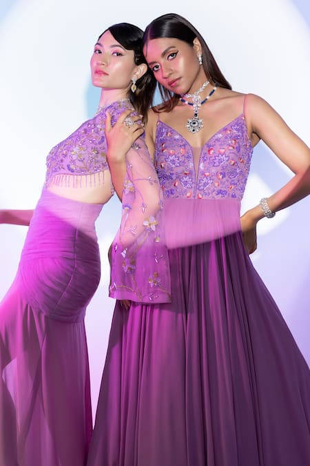 Buy_Damoiselle_Purple Cotton, Lycra Sequins, Beads Plunge Neck Floral Embroidered Maxi Dress _Online_at_Aza_Fashions
