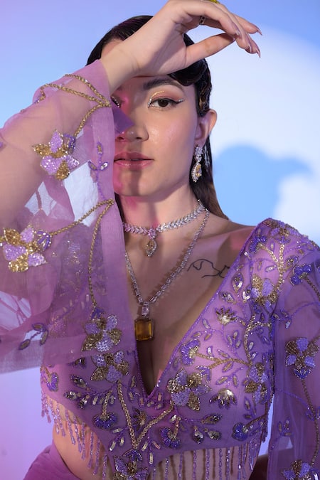 Shop_Damoiselle_Purple Cotton, Lycra Sequins, Beads Plunge Neck Floral Embroidered Maxi Dress _Online_at_Aza_Fashions