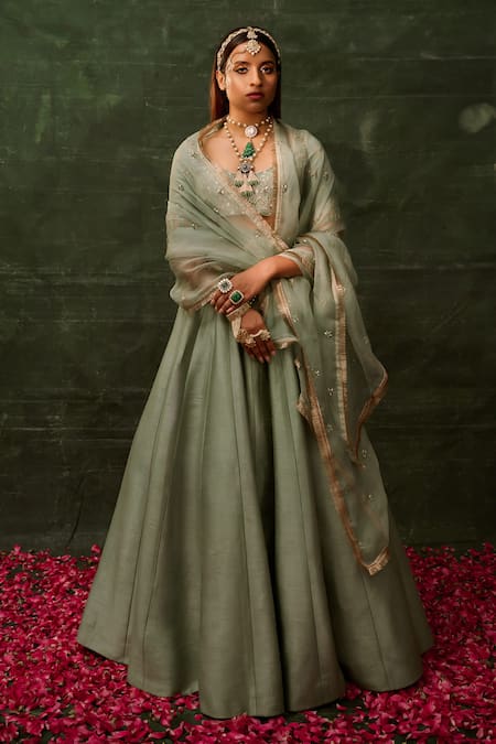 Damoiselle Green Georgette Net Hand Embroidery Floral Glided Sage Blouse And Lehenga Set 