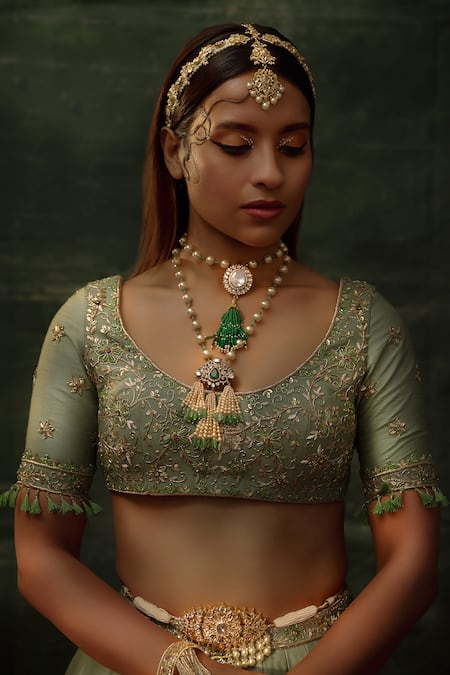 Damoiselle_Green Georgette Embroidery, Fringe Scoop Neck Sage Floral Lehenga Set _Online_at_Aza_Fashions