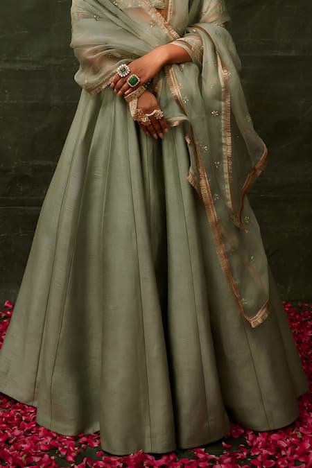 Buy_Damoiselle_Green Georgette Embroidery, Fringe Scoop Neck Sage Floral Lehenga Set _Online_at_Aza_Fashions
