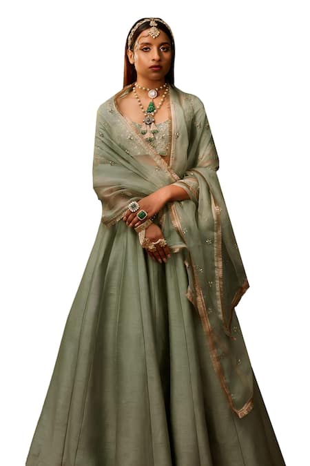 Shop_Damoiselle_Green Georgette Embroidery, Fringe Scoop Neck Sage Floral Lehenga Set _Online_at_Aza_Fashions