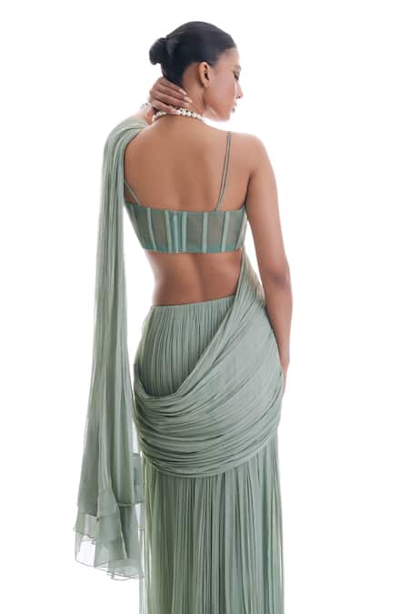 Damoiselle Floral Thread Embroidered Pre-Draped Saree 
