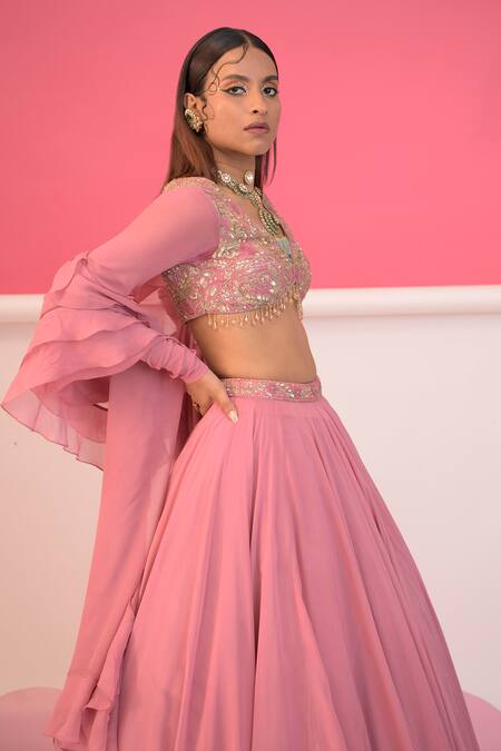 Damoiselle_Pink Georgette, Net Beads, Sequins V-neck Hand Embroidered Blouse And Lehenga Set _Online_at_Aza_Fashions