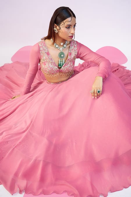 Buy_Damoiselle_Pink Georgette, Net Beads, Sequins V-neck Hand Embroidered Blouse And Lehenga Set _Online_at_Aza_Fashions