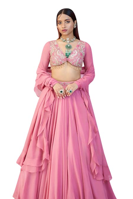 Shop_Damoiselle_Pink Georgette, Net Beads, Sequins V-neck Hand Embroidered Blouse And Lehenga Set _Online_at_Aza_Fashions