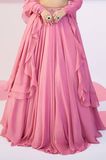 Damoiselle_Pink Georgette, Net Beads, Sequins V-neck Hand Embroidered Blouse And Lehenga Set _at_Aza_Fashions