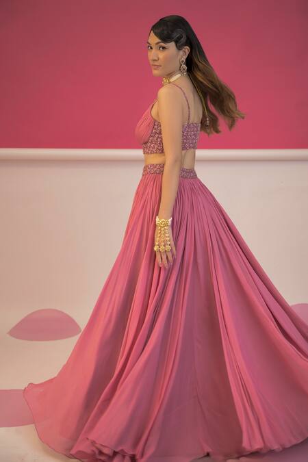 Buy_Damoiselle_Pink Georgette Beads V-neck Pleated Blouse And Lehenga Set _Online_at_Aza_Fashions