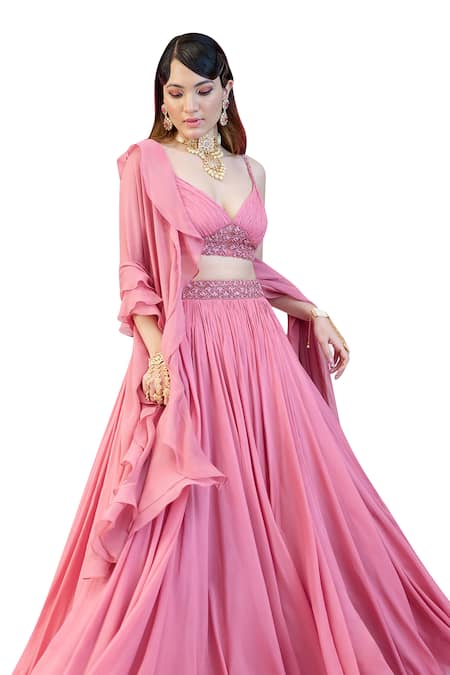 Shop_Damoiselle_Pink Georgette Beads V-neck Pleated Blouse And Lehenga Set _Online_at_Aza_Fashions