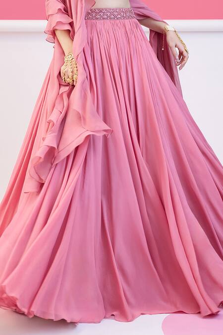 Damoiselle_Pink Georgette Beads V-neck Pleated Blouse And Lehenga Set _at_Aza_Fashions