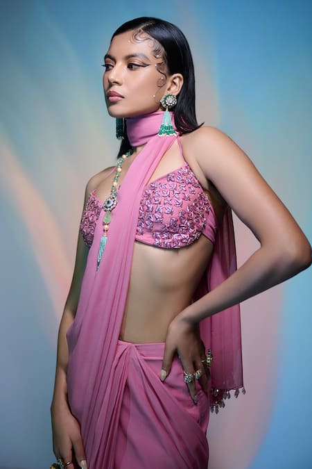 Damoiselle Floral Beaded Blouse & Pre-Draped Saree 